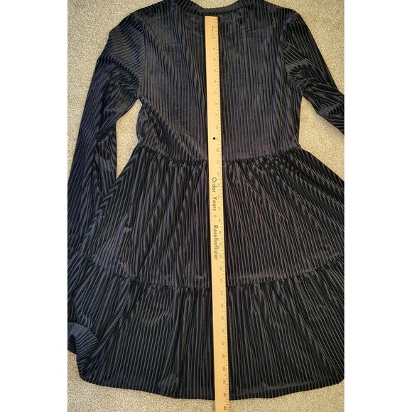Womens Rib Velvet Dress Size L 8 Black Shein Long Sleeve Crew Neck Cinch Waist - Picture 9 of 9